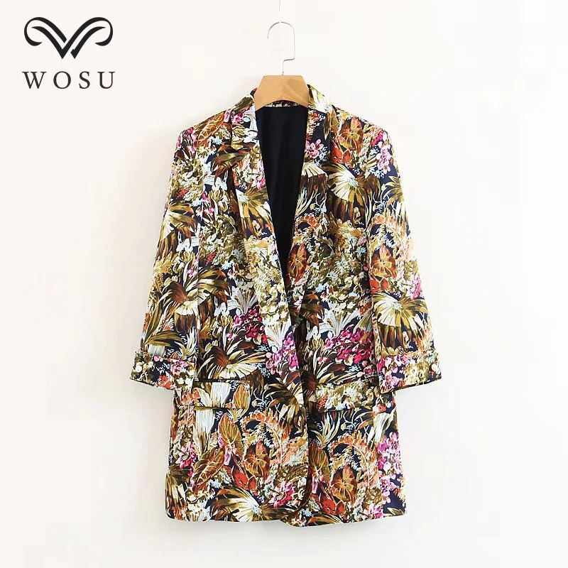 WOSU Для женщин Винтаж Цветочный принт пиджаки Мода Дизайн Длинный блейзер костюмы нет кнопки леди блейзеры BB410
