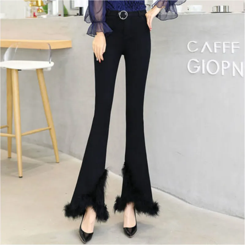 

pantalon femme plus size 2019 Fall winter Korean high waist pants fashion Plus velvet thickening black bell bottom pants wonmen