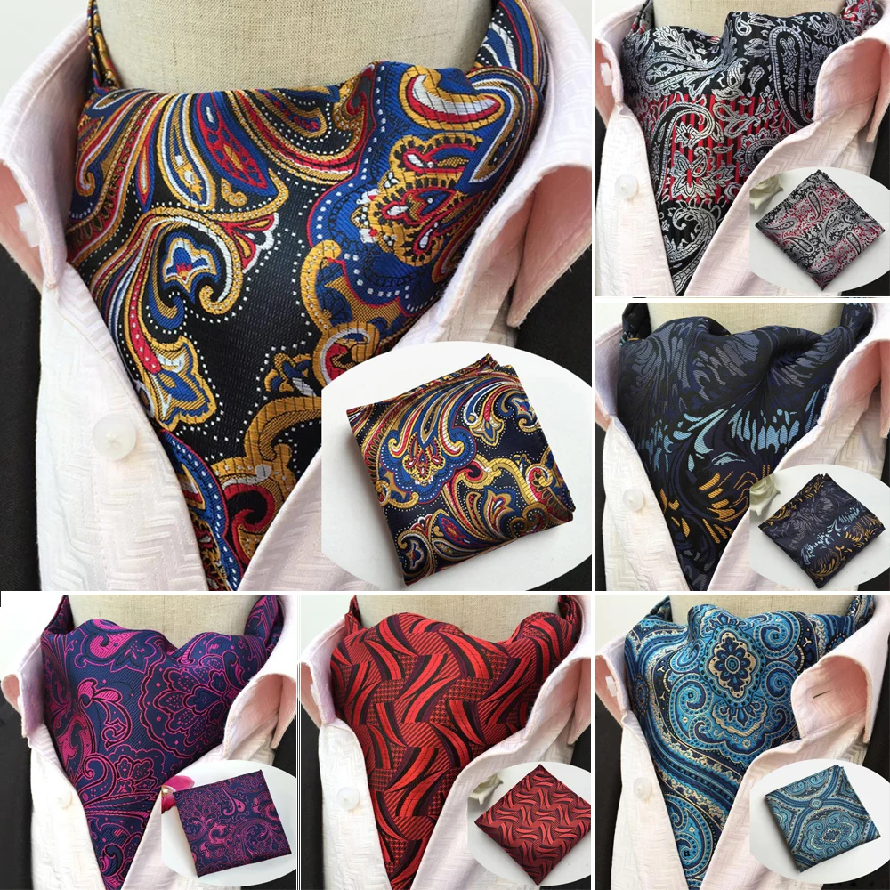 

LJT13 Luxury Men's Ascot Set Vintage Paisley Floral Jacquard Silk Necktie Cravat Scarves Tie Handkerchief Pocket Square Set