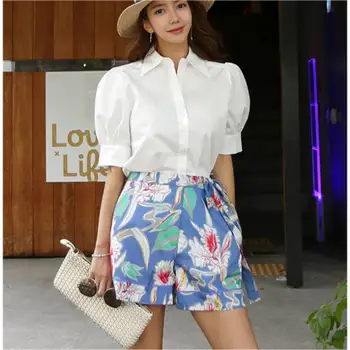 

2 Pieces Suits 2019 Summer Korean Style short sleeve Blouses +Print Shorts Pants Casual 2 Pieces Suits