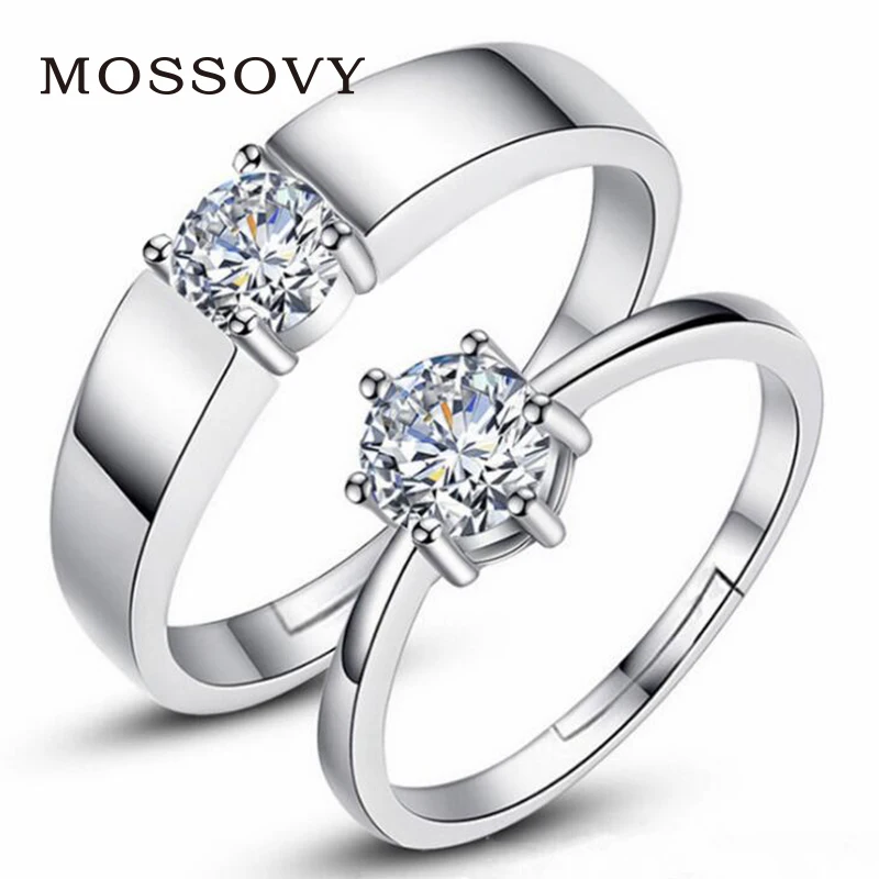 Mossovy Zircon Adjustable Silver Couple Wedding  Rings  for 
