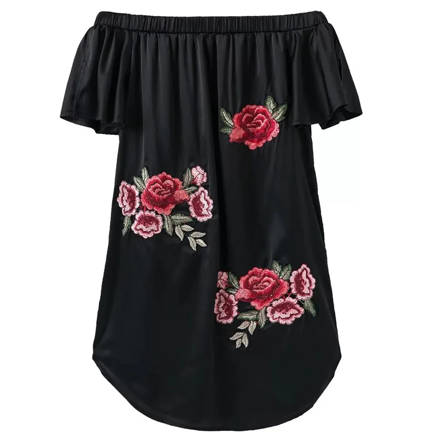 

NSZ Women Satin Off Shoulder Sexy Mini Dress Short Sleeve Embroidery Short Summer Dress Beach Dress