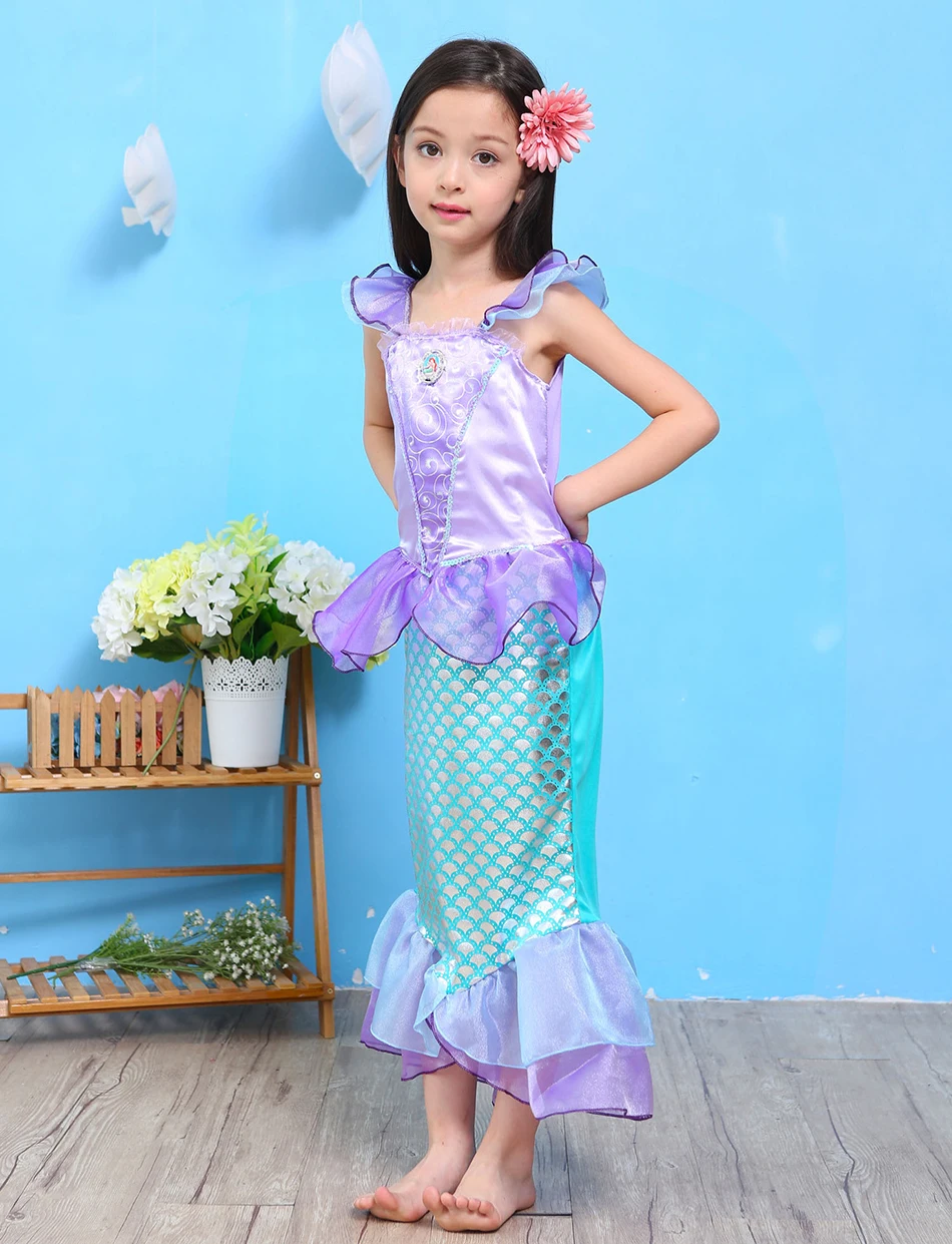 Праздничные платья принцессы Ариэль для девочек; сказочный Детский Костюм Русалки для косплея на день рождения с пышными рыбными чешуями