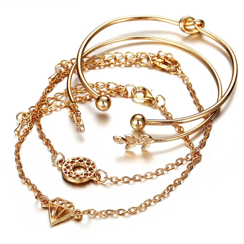

4pcs Multilayer Bracelets Set Carved Leaves Round Knotted Chain Adjustable Cuff Bracelet Girls Charm Party Gold Color Bangles