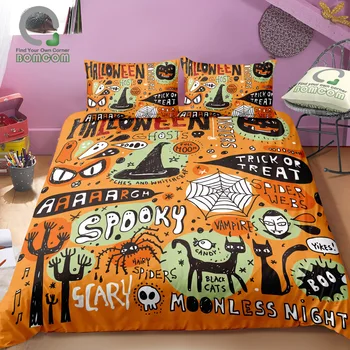 

BOMCOM 3D Digital Printing Happy Halloween Halloween Doodle Elements Duvet Cover 100% Microfiber Orange