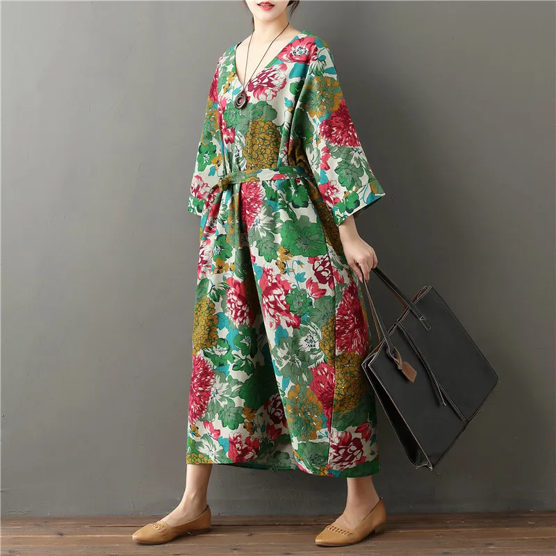 

Johnature 2019 New Style Casual v-neck Print Floral Cotton Plus Size Dress Women Loose Fashion Spring Summer Ladies Dress