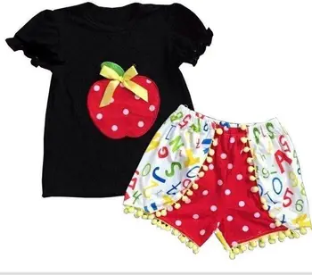 

Summer Back School Embroidery Apple Set Girls Set Short Sleeve Girl Black Shorts Set