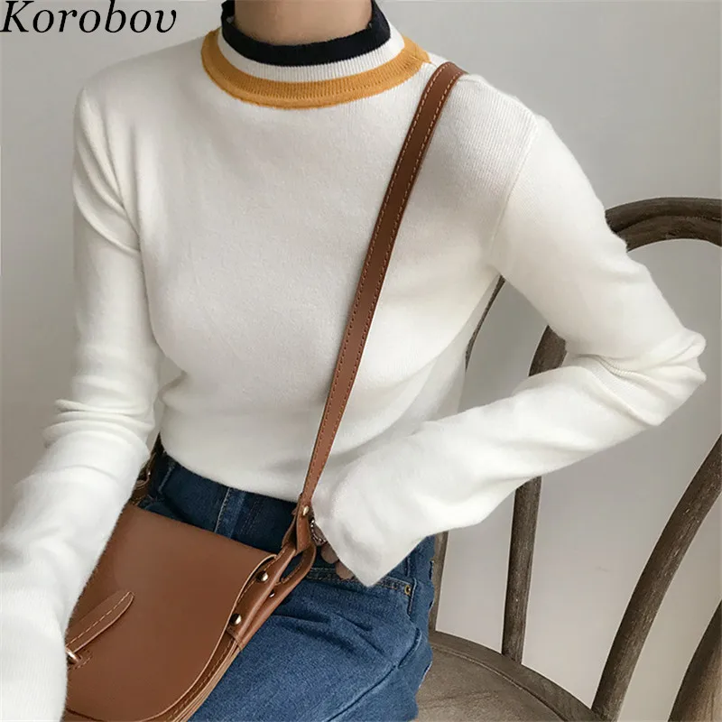 

Korobov New Neck Striped Patchwork Women Sweaters Half Turtleneck Casual Female Sweater Long Sleeve Knitwear Tops 76440