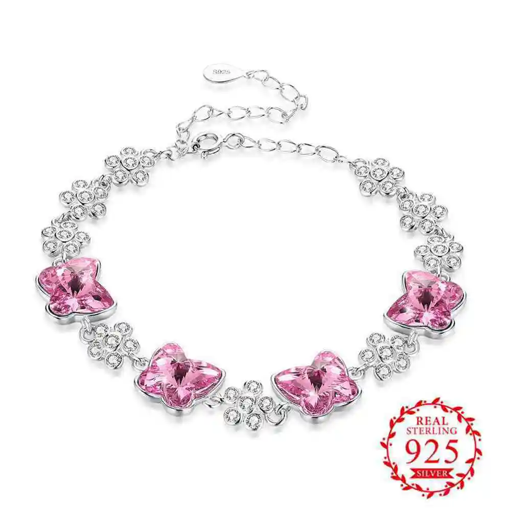 

Jemmin New Attractive 925 Sterling Silver Beautiful Butterfly Pendnat Chain & Link Bracelet with Pink AAA Zircon for Mother Gift