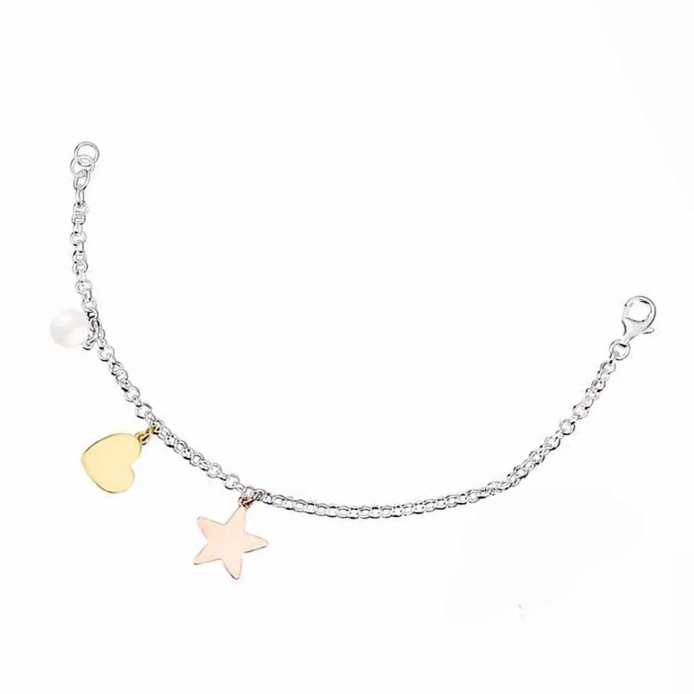 

New Rose gold Silver Stainless Pearl, Star, Heart charms Bears style Link chain Women Bracelet Pulsera mujer osos