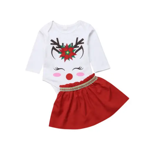 

Emmababy Christmas Toddler Baby Girl Cute Deer Bodysuit Romper Party Tutu Mini Skirt 2Pcs suit girl Clothing