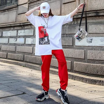 

2019 Autumn Womens Two Piece Sets Dance Elasticit Waist Red Pants and Letters T Shirt 2 Piece Set Women Casual Clothes