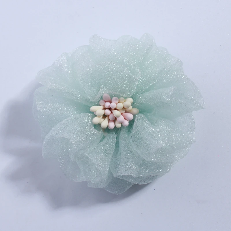 10 шт., 5,5 см, модный тюлевый Шелковый цветок для волос с подходящей палочкой, в центре, со старыми морщинами, тканевые цветы для заколки, аксессуары