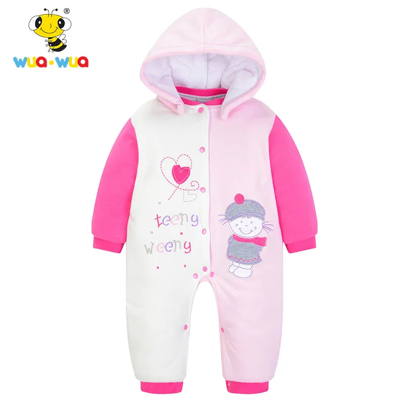 

Wua Wua Baby Girl Jumpsuit Winter Cotton Thicken One Piece Clothes Hooded Newborn Overalls Coral Velvet Infant Girl Jumpsuits