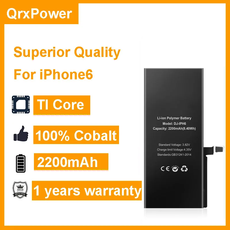 

QrxPower 10 pcs/lot Superior Quality Battery Real Capacity 2200mAh Replacement Li-ion Battery for iphone6 1 year warranty