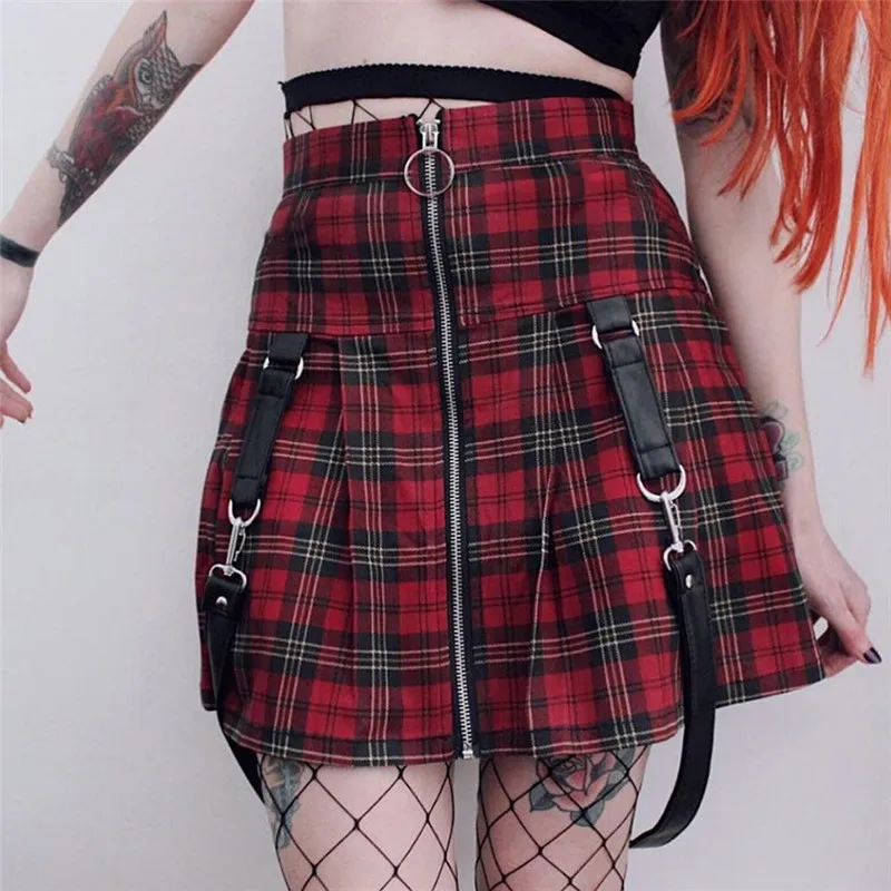 Женская мини-юбка в стиле панк с фиксированными бретелями