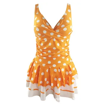 

Yellow retro point ladies swimsuit plus fat large skirt beach swim suit bathing suit swimwear bikini one piece