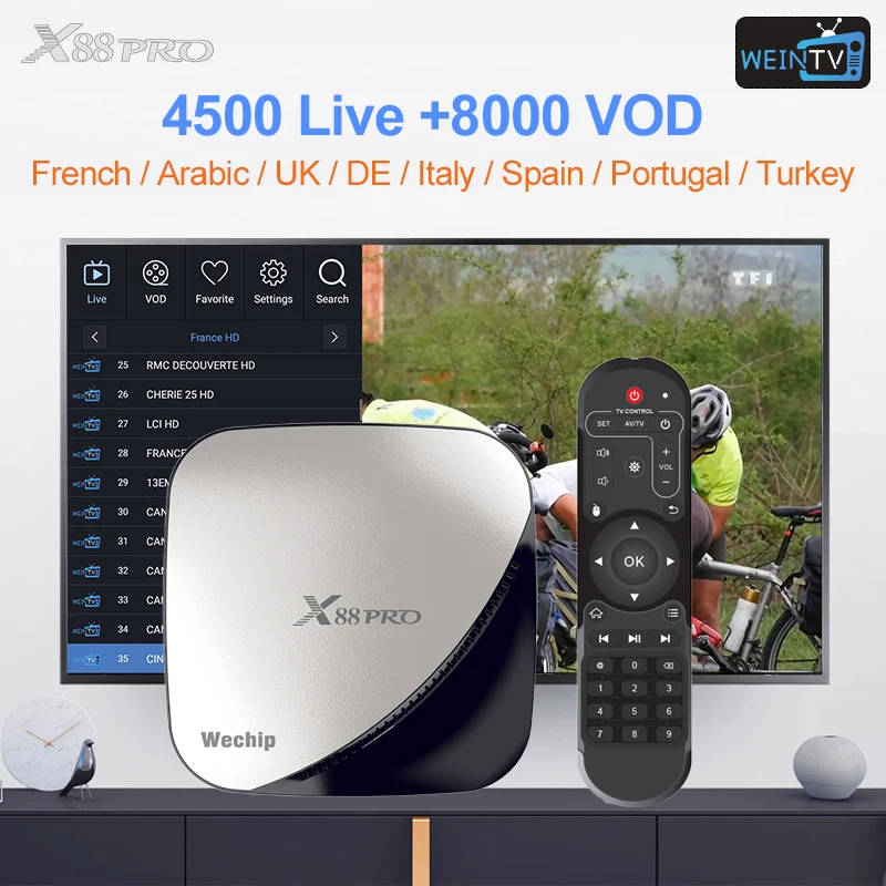 

WEINTV Year Subscription For Franch Arabic x88 pro Android 9.0 Smart IP TV Box QHDTV Turkey Spain Belgium French IPTV SetTop Box