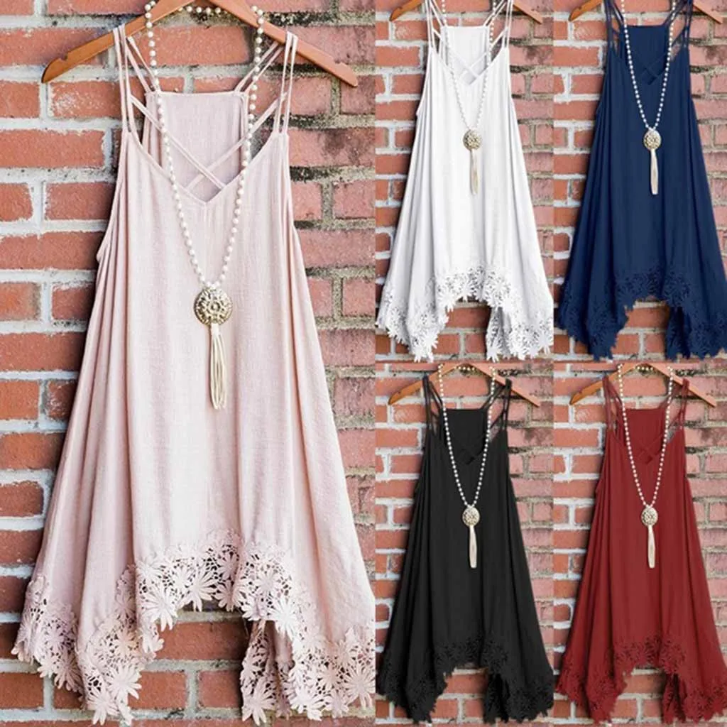 

2019 New Solid Color Sexy Mini Dress Women Clothes Fashion Summer Shoulder Strap Lace Bordered Pure Color Dress elbise vadim #C