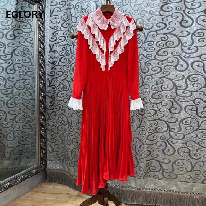 

Novia Party 2019 Spring Fashion Vestidos Evening Club Dresses Women Turn-down Collar White Lace Patchwork Red Blue Pleated Dress