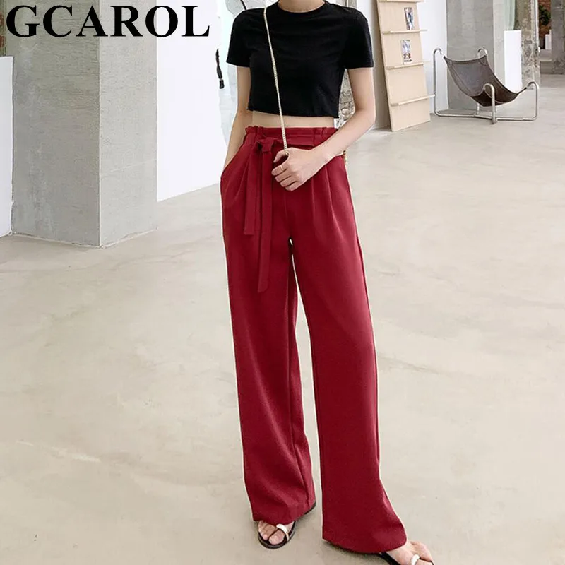 

GCAROL 2019 New Women Drape Wide Leg Pants With Sashes Elegant OL Suit Pants 2 Pockets High Waist Casual Streetwear Full Length