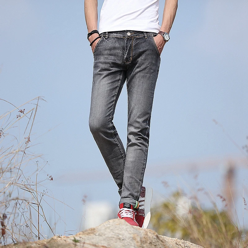 2019 Новое поступление Высокое Качественный хлопок тонкий эластичный синие джинсы мужские, серый Модные узкие мужские джинсы, мужские
