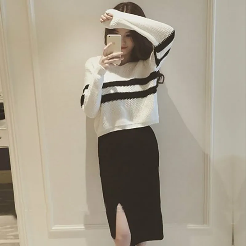 

modis knit Woman's sets Spring autumn 2019 New Korean Sexy Women's V collar Sweater +Knit Split midi skirt 2 Two-piece set women