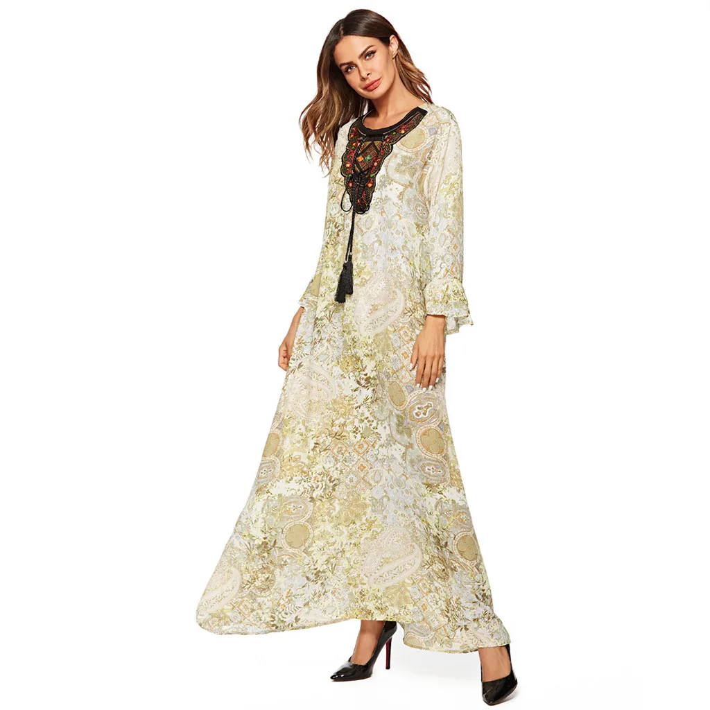 

fashion UAE Abaya Dubai muslim dress women 2019 Casual Muslim Printing Loose Long Sleeve Arab Dress Islam Jilbab Dress Clothes