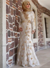 Long Sleeve Lace Hijab Evening Dress with Flowers Islamic Arabic Style Formal Party Gown robe de soiree long
