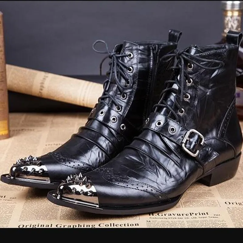 

Italian Western botas masculina steel toe shoes male rivets belt combat military ankle boots men black genuine leather chelsea