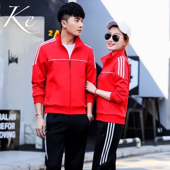 

KE Casual suit female spring and autumn sports suit male running sportswear couple models cotton woman men red striped