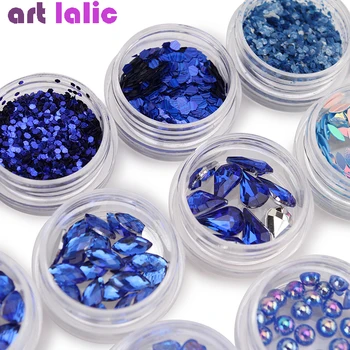

12 Boxes Set Nail Art Rhinestones Royal Blue Heart Star Sequins Beads Shining Nails Glitter Powder Pearl DIY Decoration
