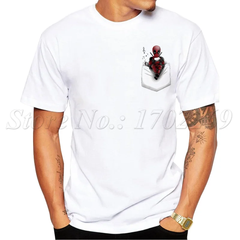 

2019 Fashion Waiting For Francis Design Men t-shirt Deadpool Sitting On The Pocket Printed Tee Short Sleeve Hipster Tops
