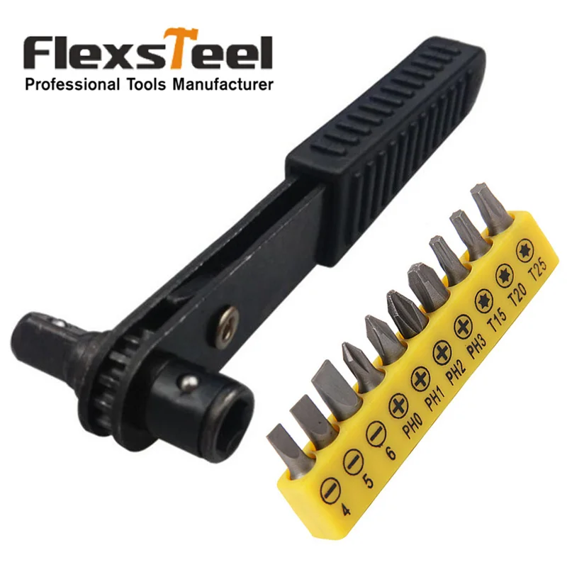 

Flexsteel 11pcs/set 1/4 Drive Mini Size Ratcheting Right Angle Screwdriver+10pcs CRV Bit Set Quarter Pole Socket Spanner Wrench