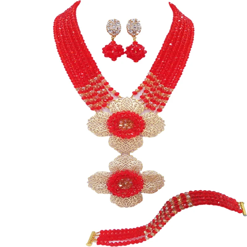 

Fashion Red Gold Nigerian Wedding Necklace African Beads Jewelry Set Crystal Bridal Jewelry Sets 6DHJZ24