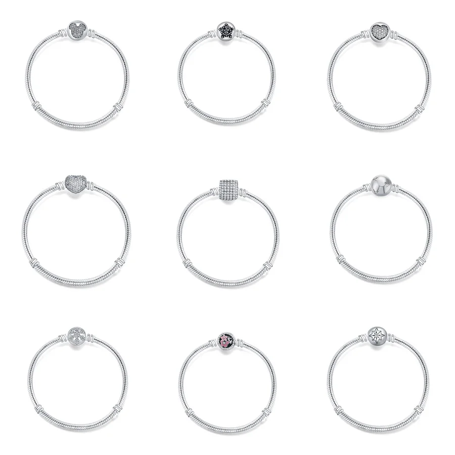 

9 Style 925 Sterling Silver Bracelets Flower Mouse Star Buckle Bangles Bracelets for Women fit Diy Beads Charm