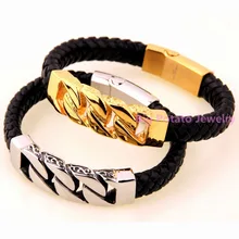 Европейский стиль 47 г Черная кожа серебро/золото Куба звено цепи браслет 316L нержавеющая сталь цикл мужские манжеты ювелирные изделия 21,5 см* 11 мм