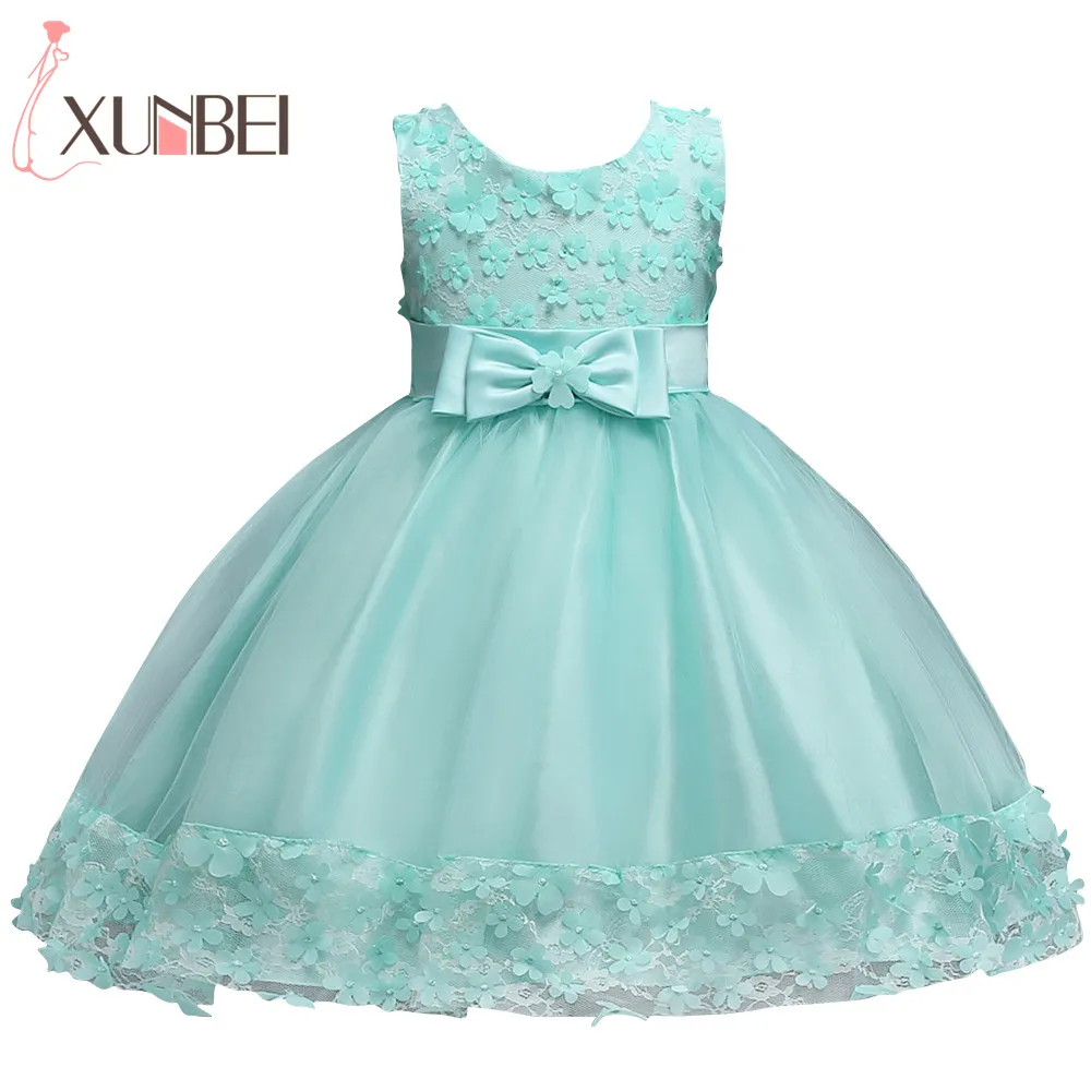 2020 Summer Girl Flower Dresses Knee Length Mint Green Cute Lace Appliques Sleeveless First Communion Dresses For Girls Kids