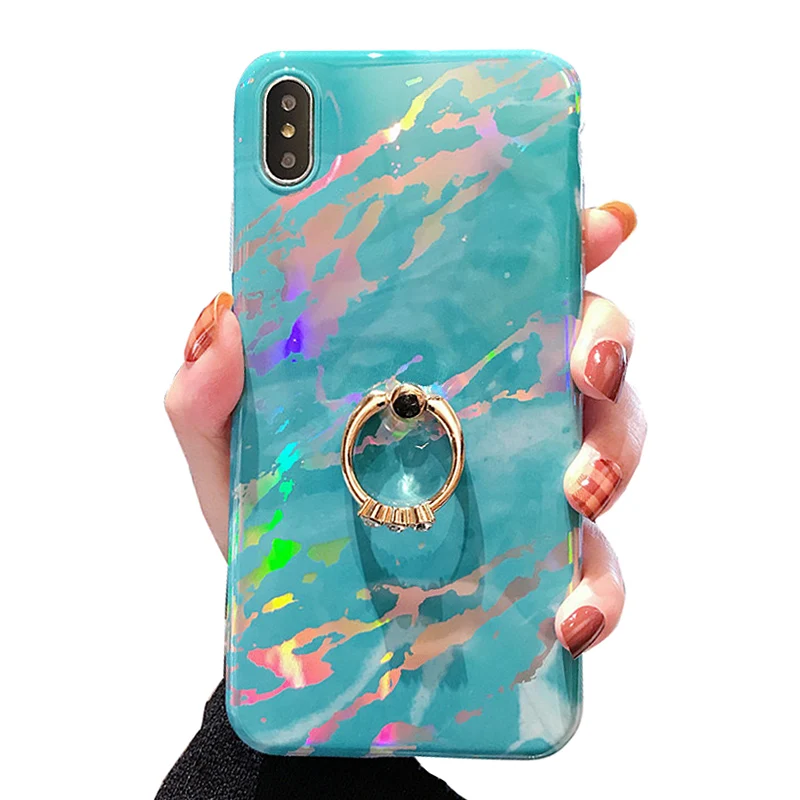 

Colorful Laser Marble Phone Case With Stand Holder Finger Ring Glossy Soft Case Back Cover For iPhone 7 8 XR XS Max X 6 6s Plus