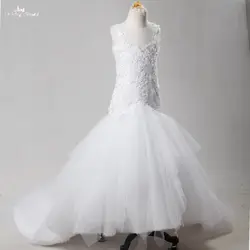 Fg53 белый Обувь для девочек Нарядные платья Милая декольте Sexy спинки Русалка Платья для девочек на свадьбу с длинным шлейфом