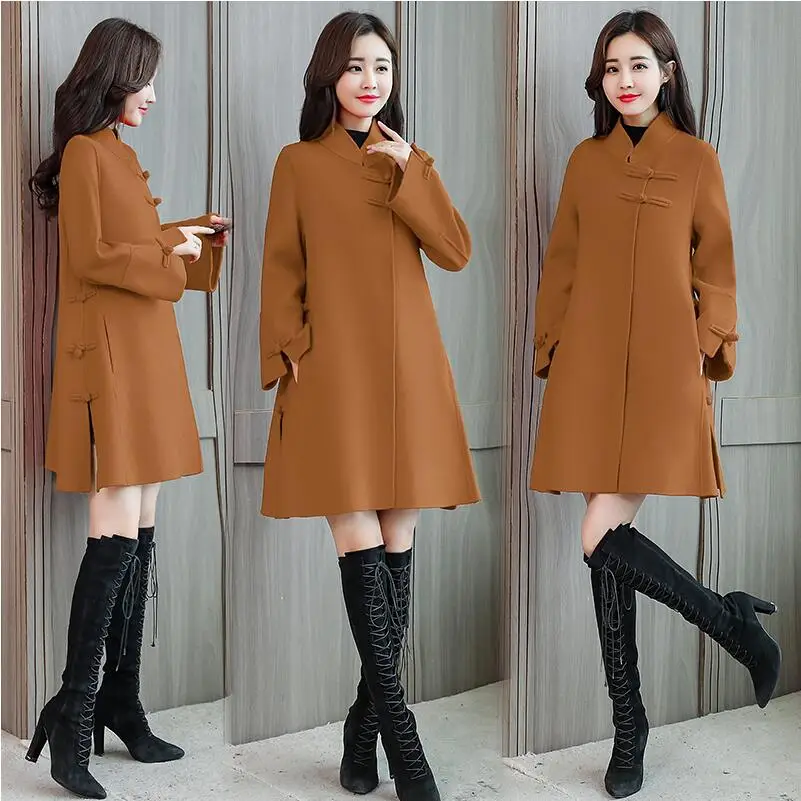 Fashion Chinese style Woolen Coat Slim Feminino long sleeve jacket Women mandarin Collar Female Overcoat Woollen Winter Coat