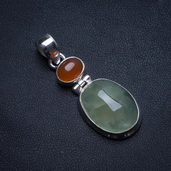 

Natural Prehnite and Carnelian Handmade Vintage 925 Sterling Silver Pendant 1 3/4" T2180