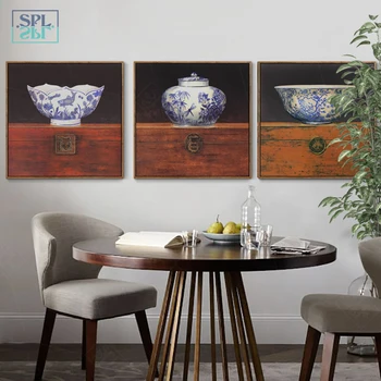 

SPLSPL Chinese Style Blue And White Porcelain Bowl Print Canvas Art Wall Poster Pictures Home Decorative Paintings ornamentation