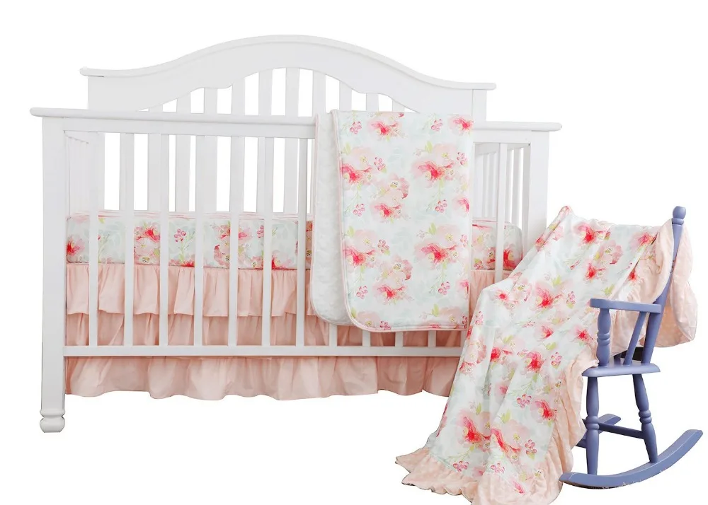 

3pcs Blush Mint Girls cotton Crib Set Bohemian Floral Nursery Baby Bedding include Crib Sheet Crib Skirt quilter comforter