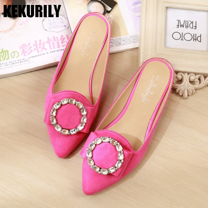 

Shoes Woman Rhinestone Mules Flat Slipper Betterfly knot Pointed toe Slides Sandals Flip flops plus size rose red purple Leopard