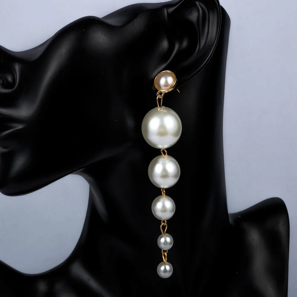 

Trendy Elegant Created Big Simulated Pearl Long Tassel String Statement Dangle Drop Earrings For Wedding Party Gift