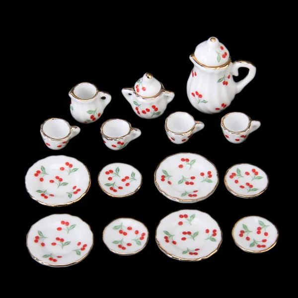 15pcs Dollhouse Miniature Dining Ware Porcelain Tea Set Dish Cup Red Cherry