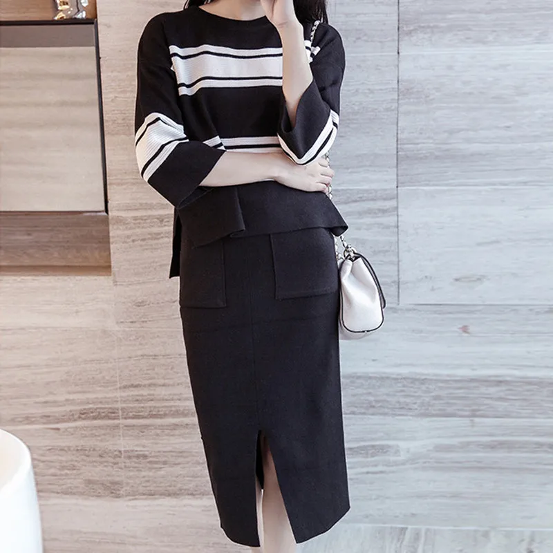 Winter 2 Pieces Sets Knitted Three-quarter Sleeve Sweater Skirt Suit Elastic Waist Skirts & Striped Pullover Women Outfits Mujer