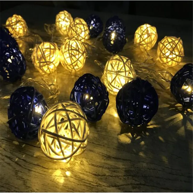 

4cm Rattan Balls LED String Lights 1.5m 10 Sepak Takraw Dark Blue/White Outdoor Christmas Wedding Party Decoration Lighting