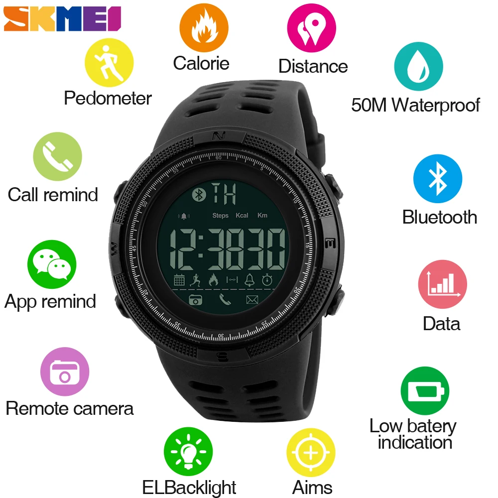 SKMEI 1250 мужские Смарт часы Chrono калории шагомер спортивные напоминание о звонке с
